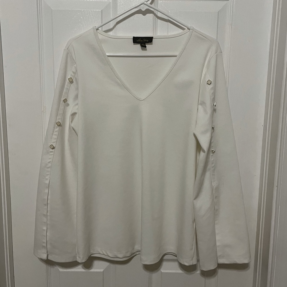 White V Neck Long Sleeve Blouse with Silver Pearl Buttons